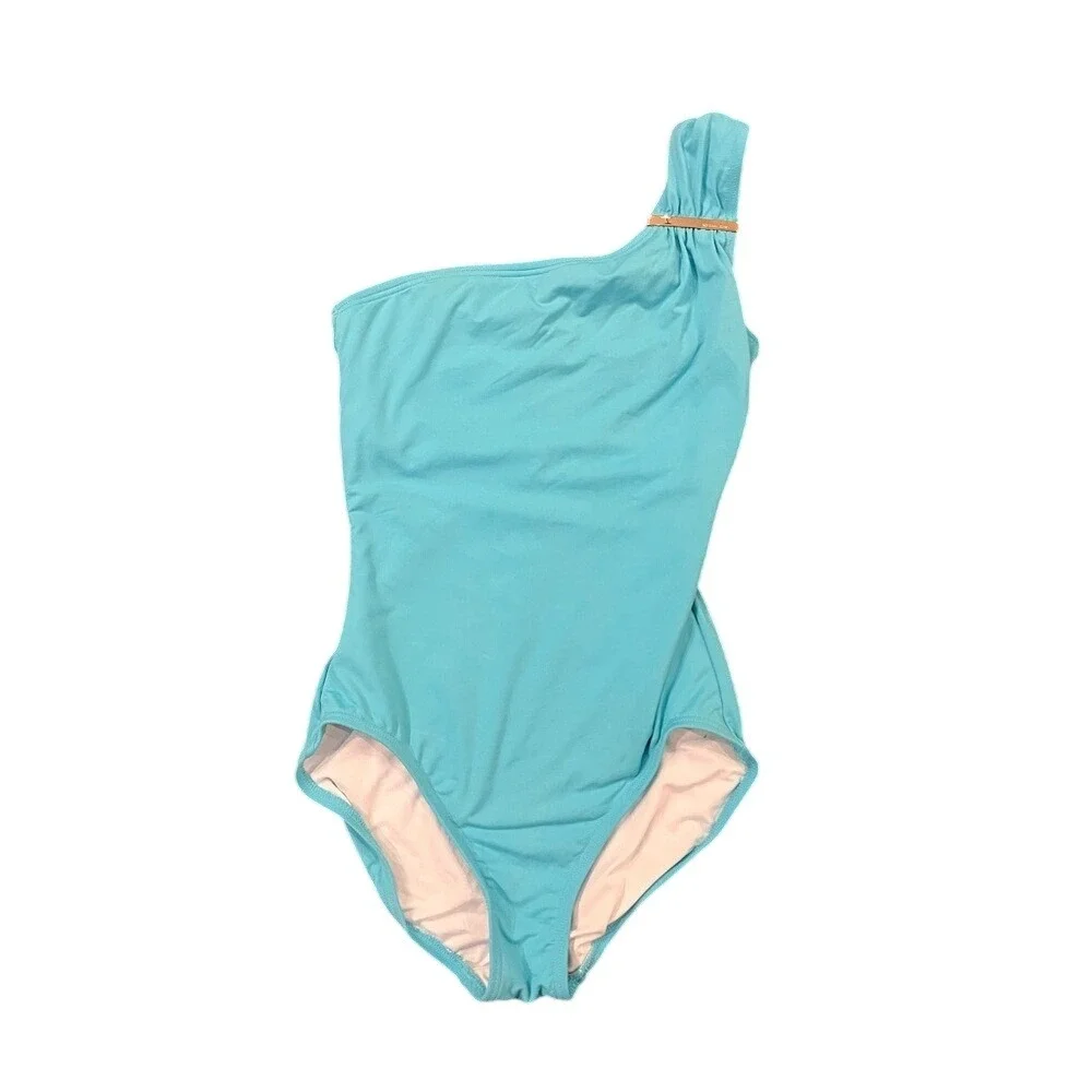 Michael Kors One Shoulder One Piece Swimsuit Turquoise Blue Gold Logo‎ Sz 6